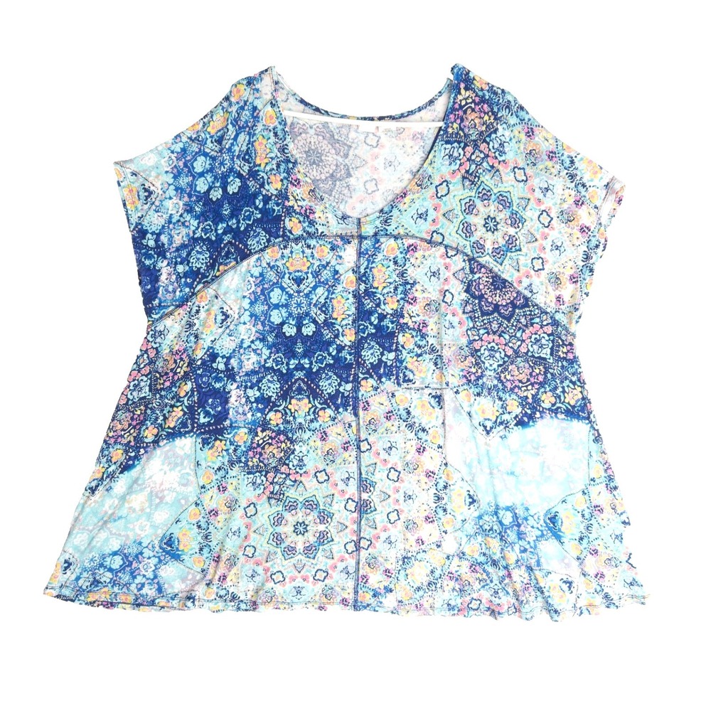Artisan Patchwork Babydoll Swing Flared Exposed Seam Short Sleeve Top Womens 3X